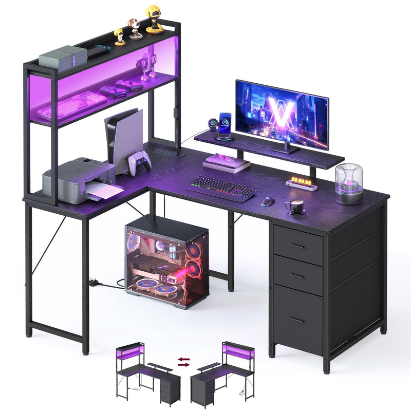 Ebony black L-shaped gaming desk with LED shelf unit, monitor stand and 3-drawer cabinet