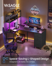 L-shaped gaming desk with purple LED lighting in a gaming room corner