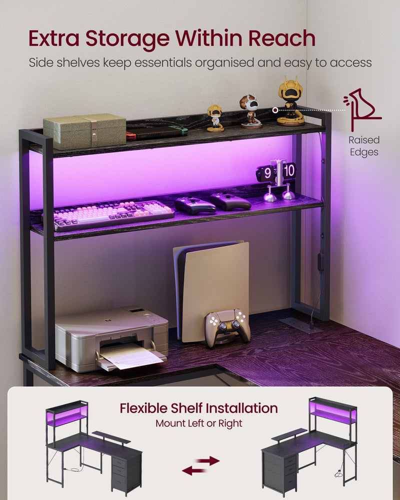 LED shelf unit holding a games console and printer, mountable on the left or right