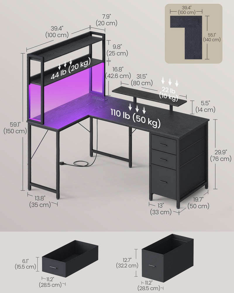 Dimensions diagram of the gaming desk, 140 x 100 cm with 76 cm desktop height and 150 cm overall