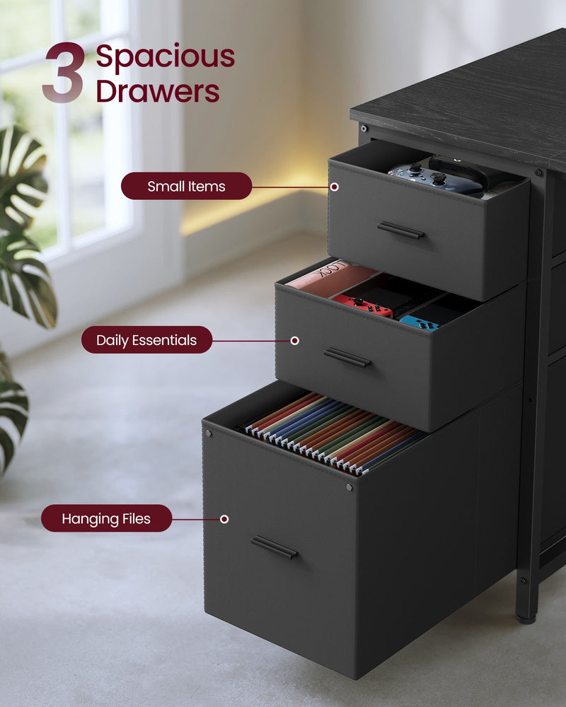 Three fabric drawers for small items, daily essentials and hanging files