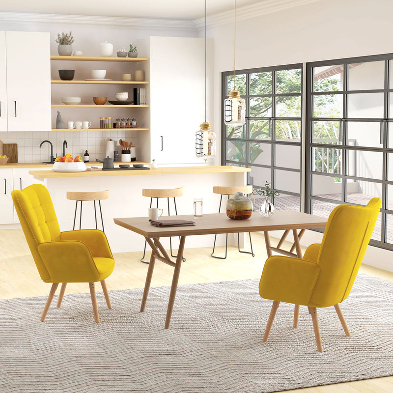 Set of 2 Velvet Wingback Accent Chairs with Wood Legs for Lounge or Living Room Yellow