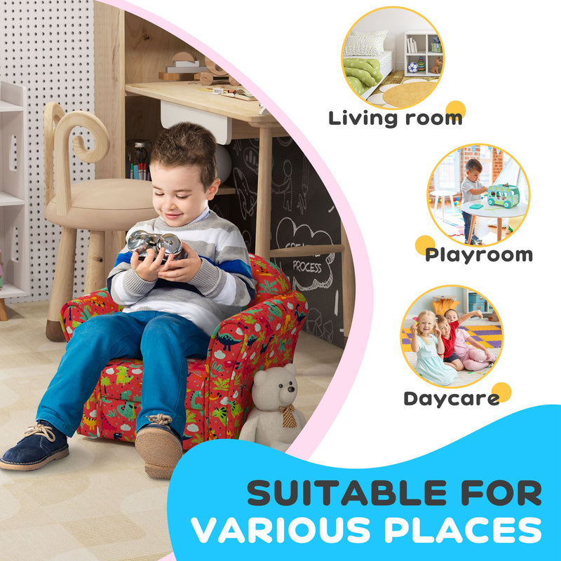 Kids Dinosaur Armchair with Wooden Frame Support Ideal for Bedroom or Playroom, Red