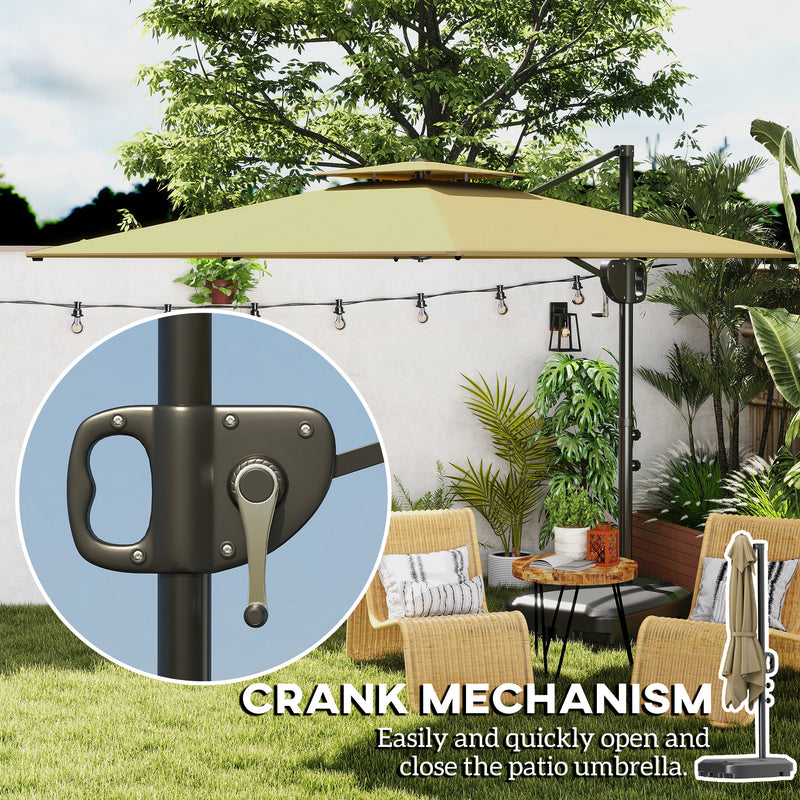 Khaki 3m Square Cantilever Parasol with Weighted Base Double Top with Crank Tilt by Outsunny