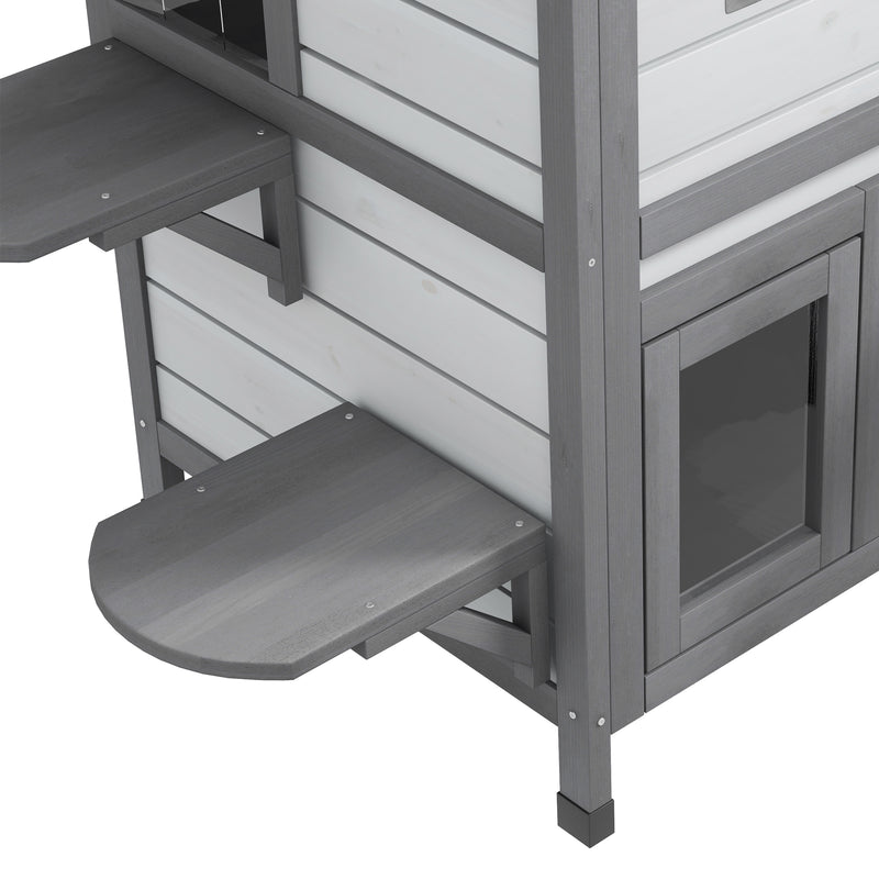 2 Storey Wooden Cat House With Escape Door Ideal For Indoor Or Outdoor Use, White