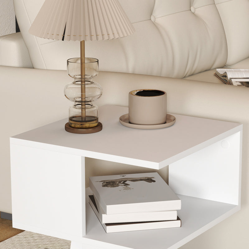 Set of 2 Square Side Tables With Two Tier Storage For Living Room or Bedroom, White