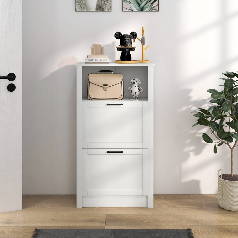 White Narrow Shoe Cabinet with Flip Drawers and Adjustable Shelves for Hallway Storage
