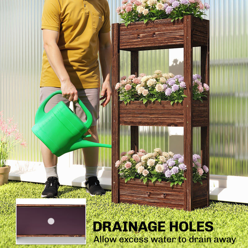 Raised Wooden Planter with 3 Tiers for Easy Gardening at Comfortable Height, Carbonised Finish Outsunny