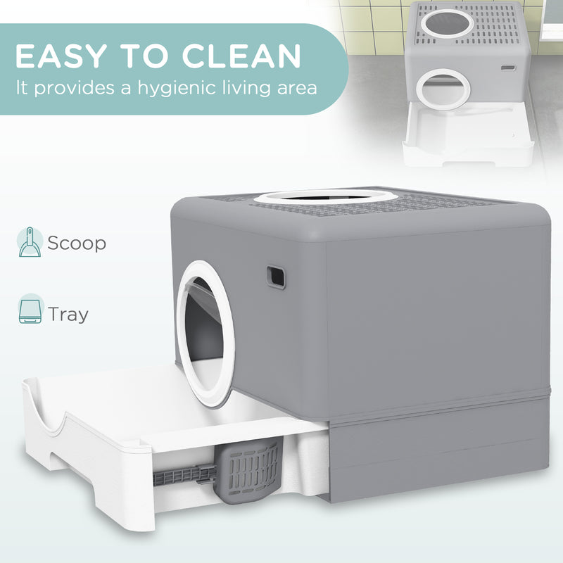Enclosed Cat Litter Box With Pull Out Tray Scoop And Top Entry For Easy Cleaning, Grey