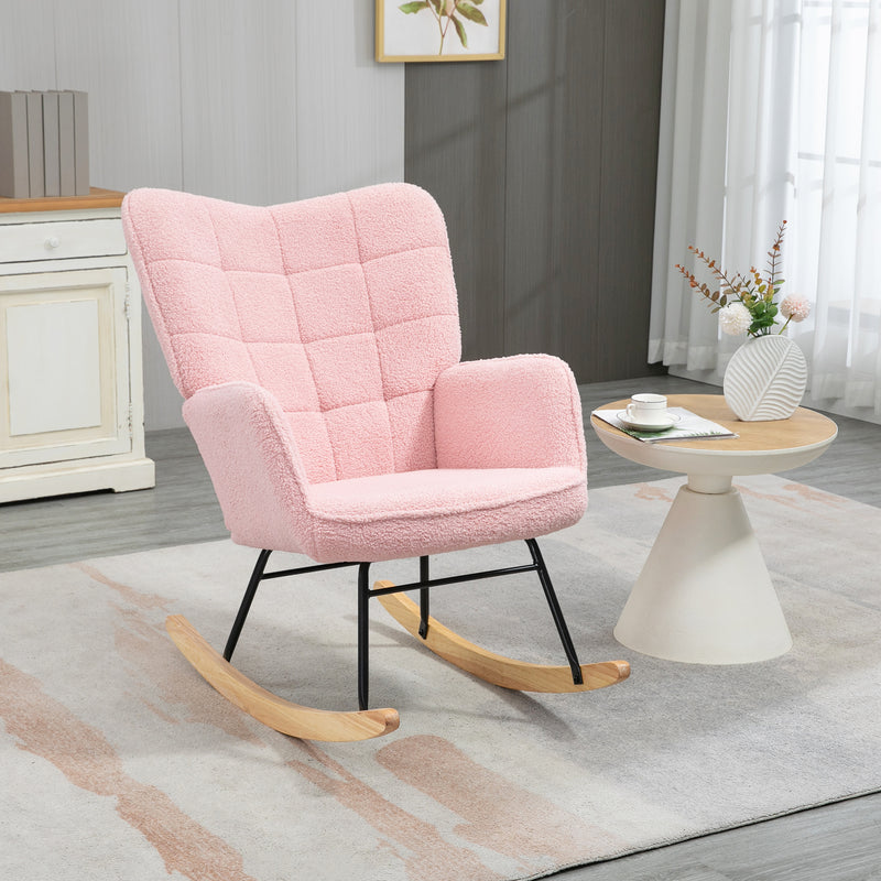 Pink Soft Fleece Wingback Rocking Chair Comfortable Elegant Design by HOMCOM