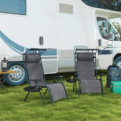 Grey Zero Gravity Garden Sun Lounger Set with Reclining Chairs Cup Holders and Canopy Shade
