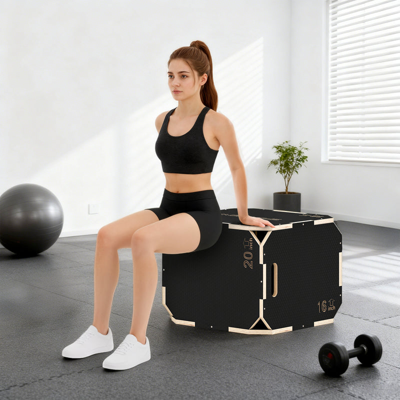 Wooden Plyo Jump Box with Non Slip Surface for Safe Home Workouts 40.5 x 51 x 47.5 cm Natural AOSOM