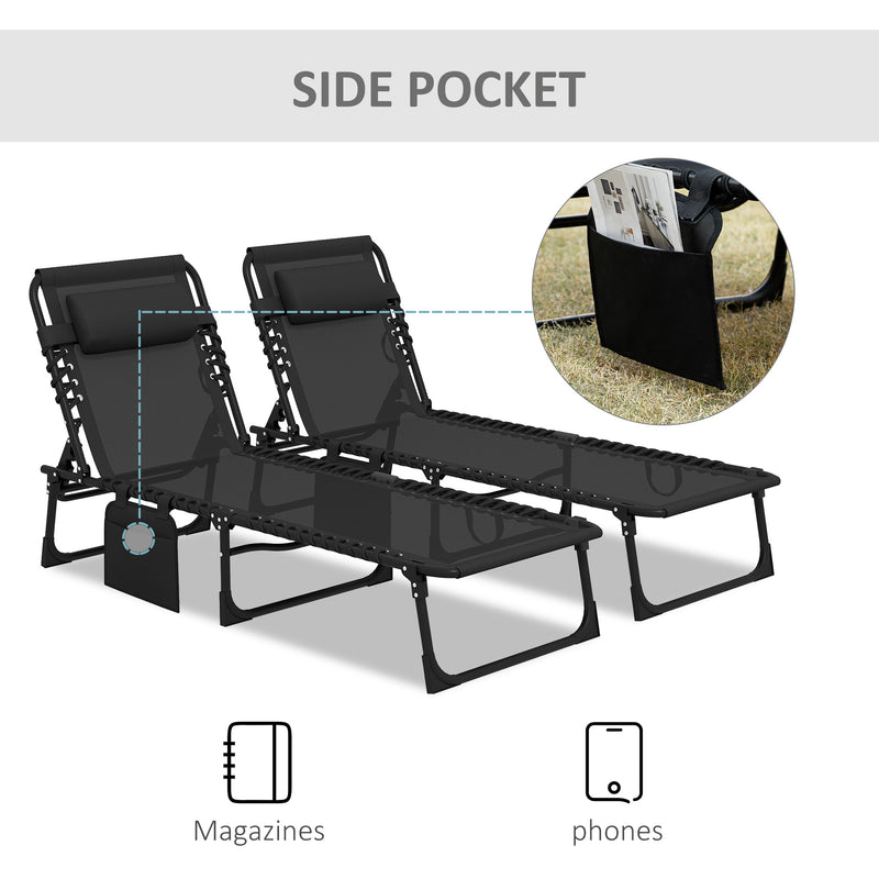 Black Folding Sun Lounger Set of 2 with Adjustable Backrest and Side Pocket for Garden