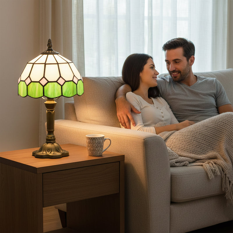 Stained Glass Table Lamp Tiffany Style - Handmade Glass Table Lamp with Art Deco Design for Living Room White & Green