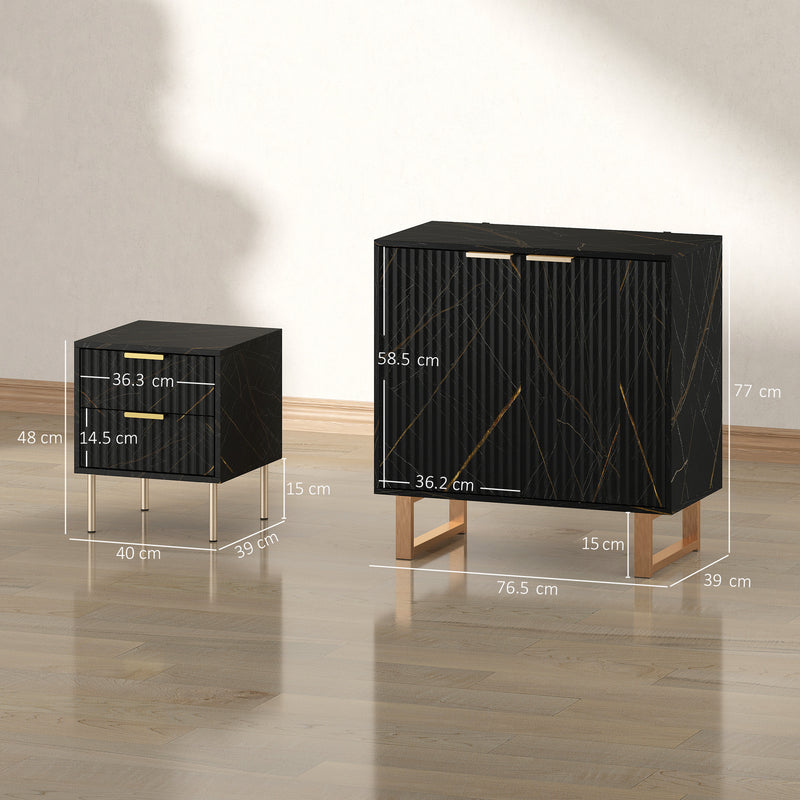 Sideboard and Nightstand Set for Organised Living or Bedroom Storage Black Marble Effect