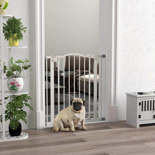 Adjustable Metal Pet Safety Gate with Auto Close Door Ideal for Stairs and Hallways White