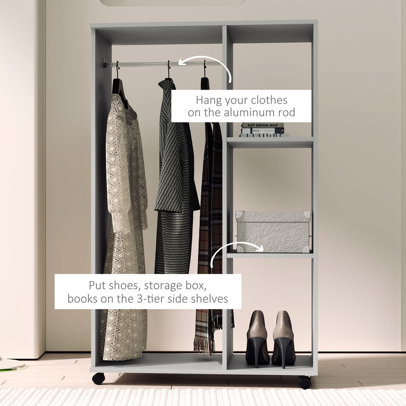 Grey Open Wardrobe on Wheels with Clothes Rail and Shelves for Bedroom Storage by HOMCOM
