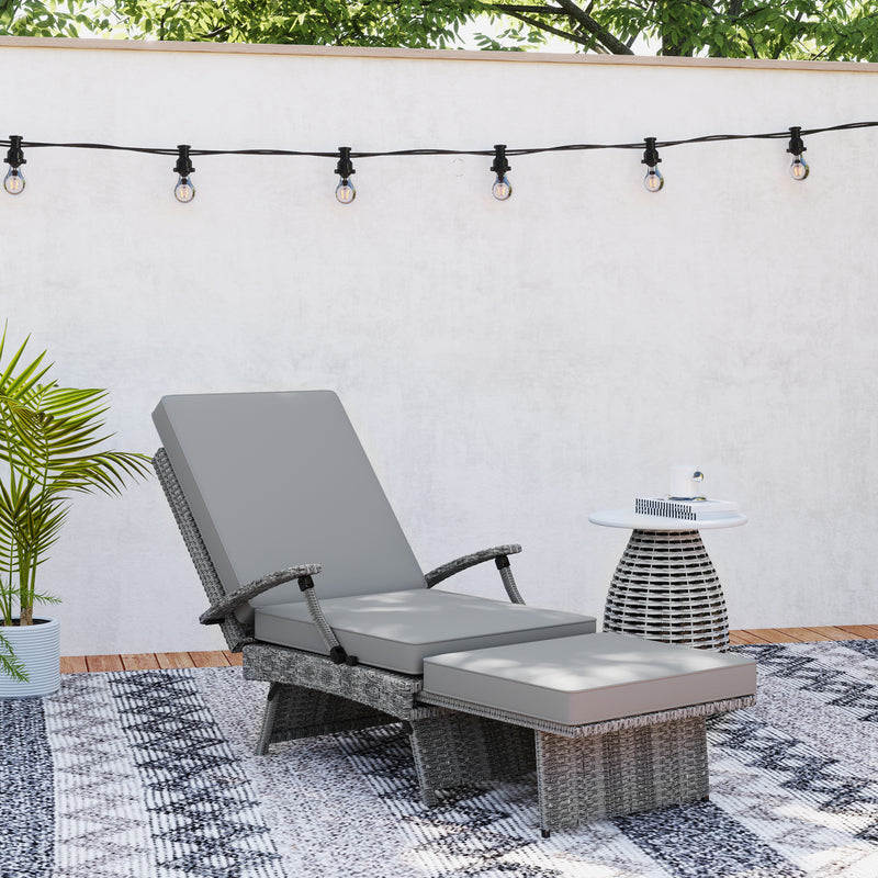 Grey Wicker Reclining Sun Lounger With Cushion for Garden, Pool, and Patio by Outsunny