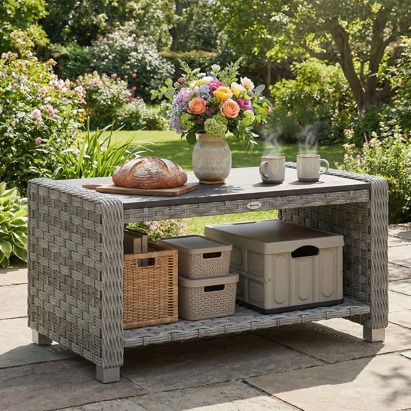 Rattan Coffee Table with Two-Tier Storage for Garden or Conservatory Grey