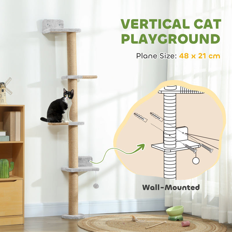 Wall Mounted Cat Climbing Shelves With Scratching Post and Toy Ball 180cm Tall For Indoor Catshi, Light Grey