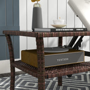 Brown Rattan Two Tier Square Coffee Table With Storage Shelf For Garden Patio Use
