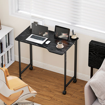 Compact Folding Desk on Wheels with Storage Shelf for Home Office or Study Black AOSOM