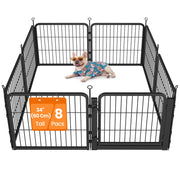 Black 8 panel dog playpen with a small dog inside and a 24 inch 60 cm tall badge