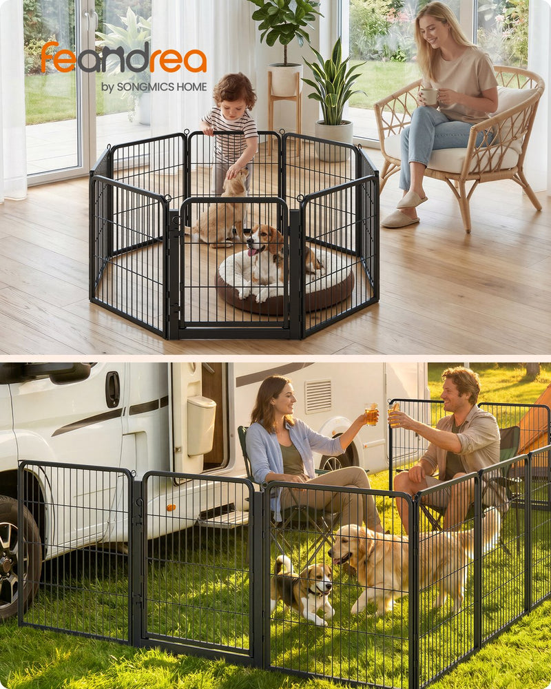Playpen used indoors with a toddler and dogs, and outdoors on grass beside a campervan