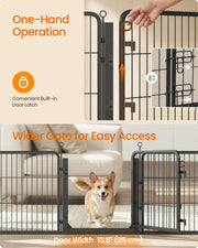One-hand door latch close-up and a corgi walking through the 35 cm wide gate