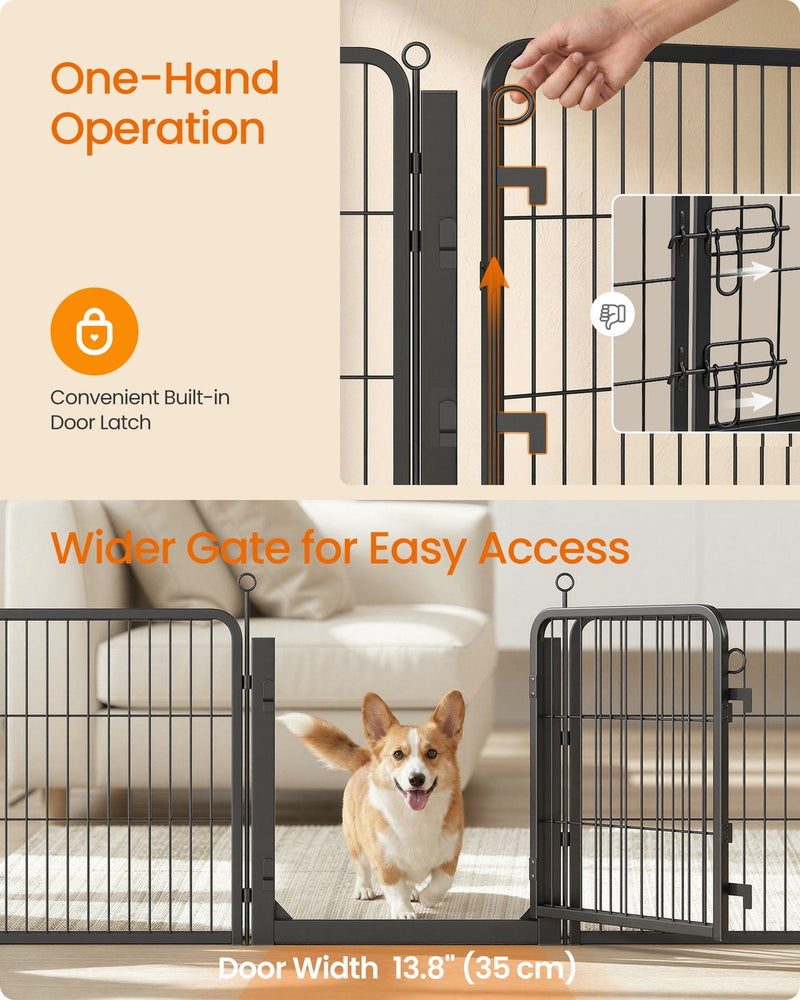 One-hand door latch close-up and a corgi walking through the 35 cm wide gate