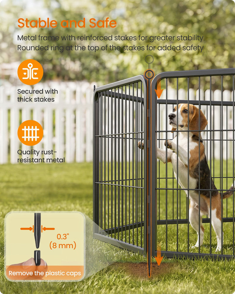 Beagle standing against the panels on grass with ground stake and rust-resistant metal callouts