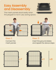 Assembly steps and contents of 7 mesh panels, 1 gate panel and 8 ground stakes