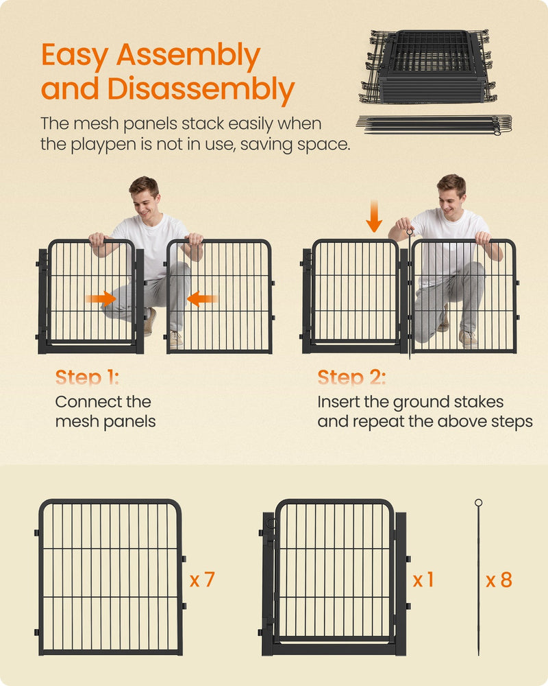 Assembly steps and contents of 7 mesh panels, 1 gate panel and 8 ground stakes