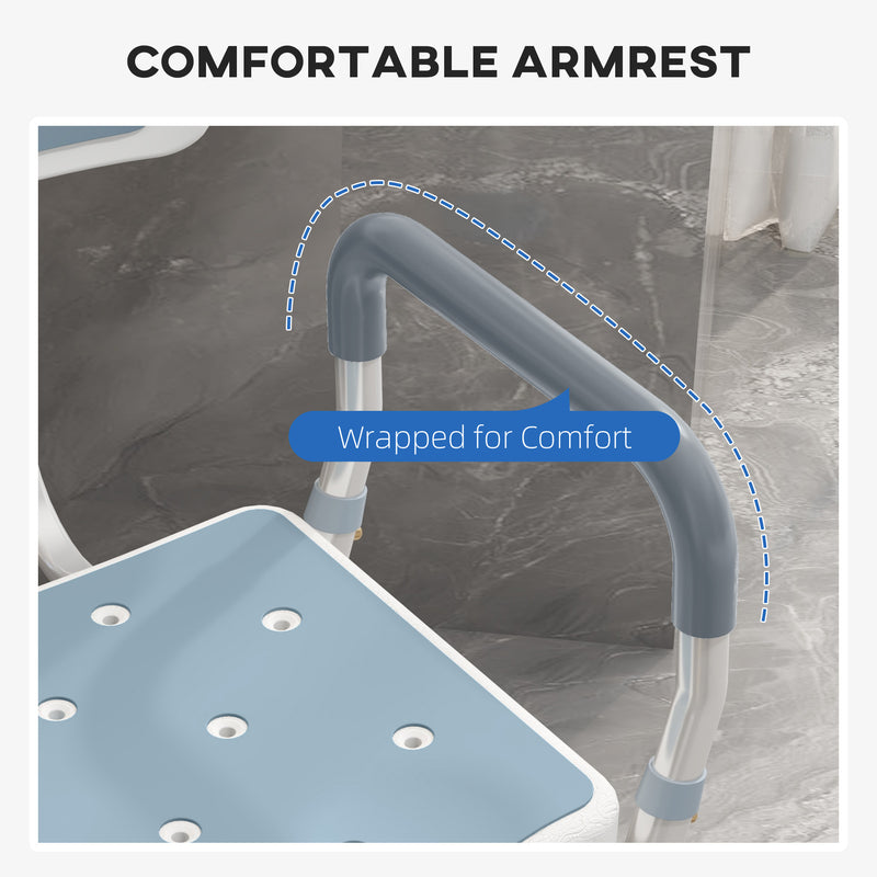 Height Adjustable Shower Chair with Backrest and Arms for Elderly Support Light Blue