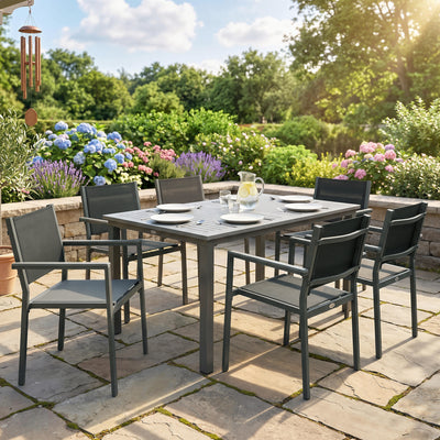 Garden Dining Set for 6 with Stackable Chairs and Wipe Clean Table, Grey & Black Outsunny