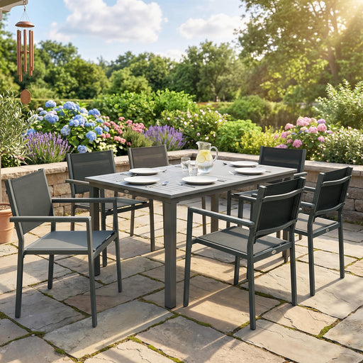 Garden Dining Set for 6 with Stackable Chairs and Wipe Clean Table, Grey & Black Outsunny