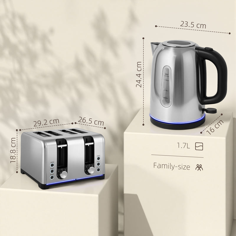 1.7L Rapid Boil Kettle and 4 Slice Toaster Set With Adjustable Browning Control Silver