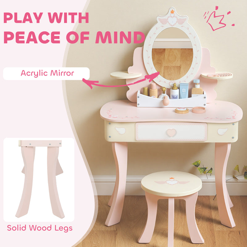 Kids Vanity Dressing Table Set With Mirror Stool Storage And Accessories For Girls Pink
