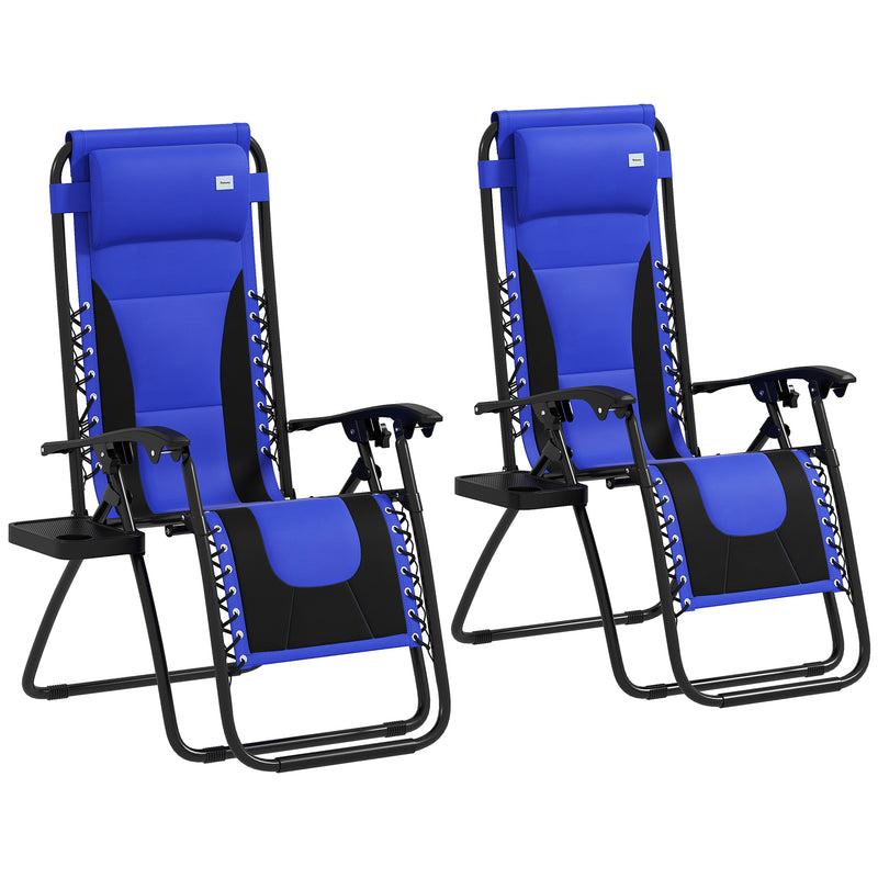 Set of 2 Blue Zero Gravity Outdoor Reclining Chairs with Padded Seat and Cup Holder by Outsunny