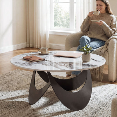 Modern Round Coffee Table with Sintered Stone Marble Effect Heat Resistant Top for Living Rooms Homcom