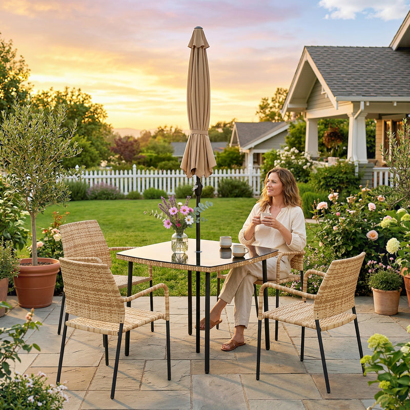 4 Seater Rattan Garden Dining Set with Stackable Chairs and Umbrella for Family Meals