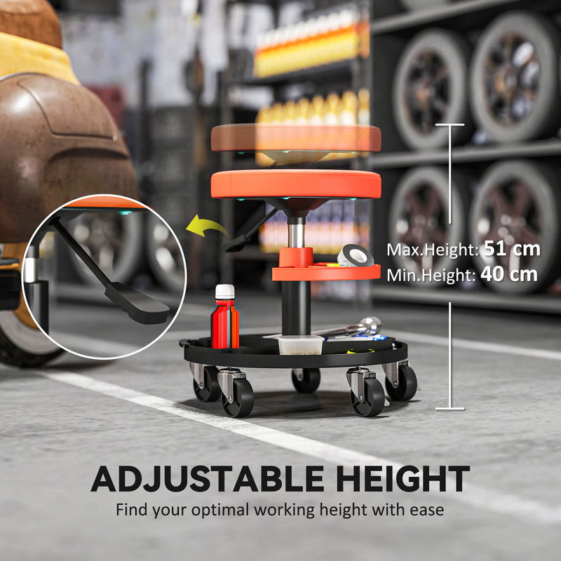 Mechanic Rolling Stool with Height Adjustment and Tool Trays for Garage and Workshop Yellow AOSOM