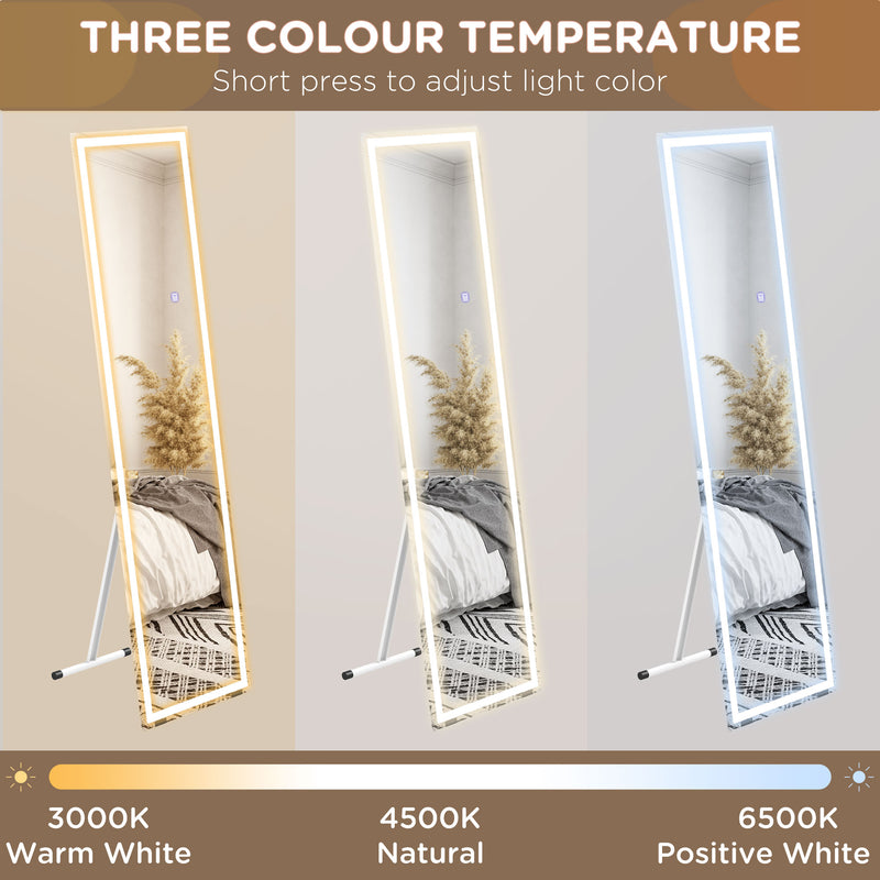 Full Length LED Dressing Mirror with Dimmable 3 Tone Lighting for Bedroom, White