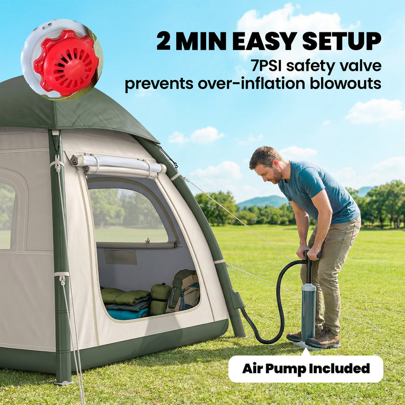 Inflatable Camping Tent with Fast 2 Minute Setup and Standing Height for Families Beige