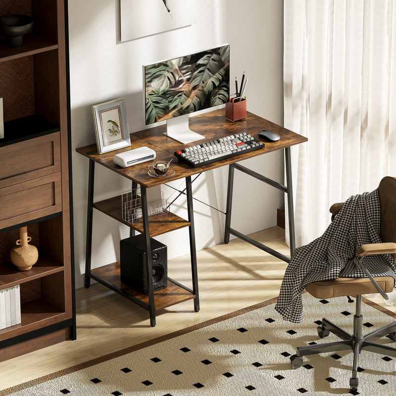 Rustic Brown Computer Desk with Storage and 2 Tier Shelves for Home Office