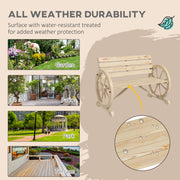 Rustic Wooden Garden Loveseat Bench With Wagon Wheel Armrests by Outsunny