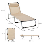 Khaki Foldable Sun Lounger Set With Adjustable Backrest And Pillow For Camping Outdoors
