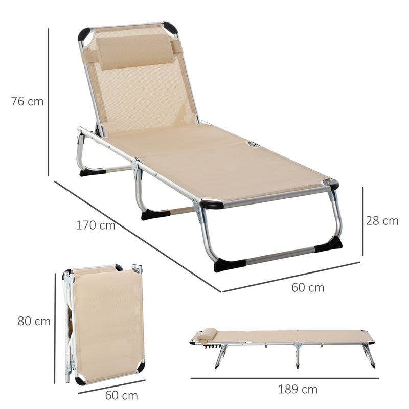 Khaki Foldable Sun Lounger Set With Adjustable Backrest And Pillow For Camping Outdoors