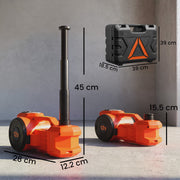 Electric car jack dimensions diagram showing 15.5 cm and 45 cm heights and 28 cm length beside the storage case