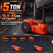 Graphic showing 5 tonne lifting power and 15.5-45 cm lift range for sedans, SUVs, MPVs and trucks